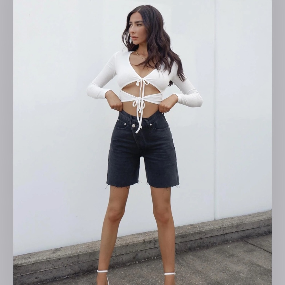 Princess Polly long black denim shorts